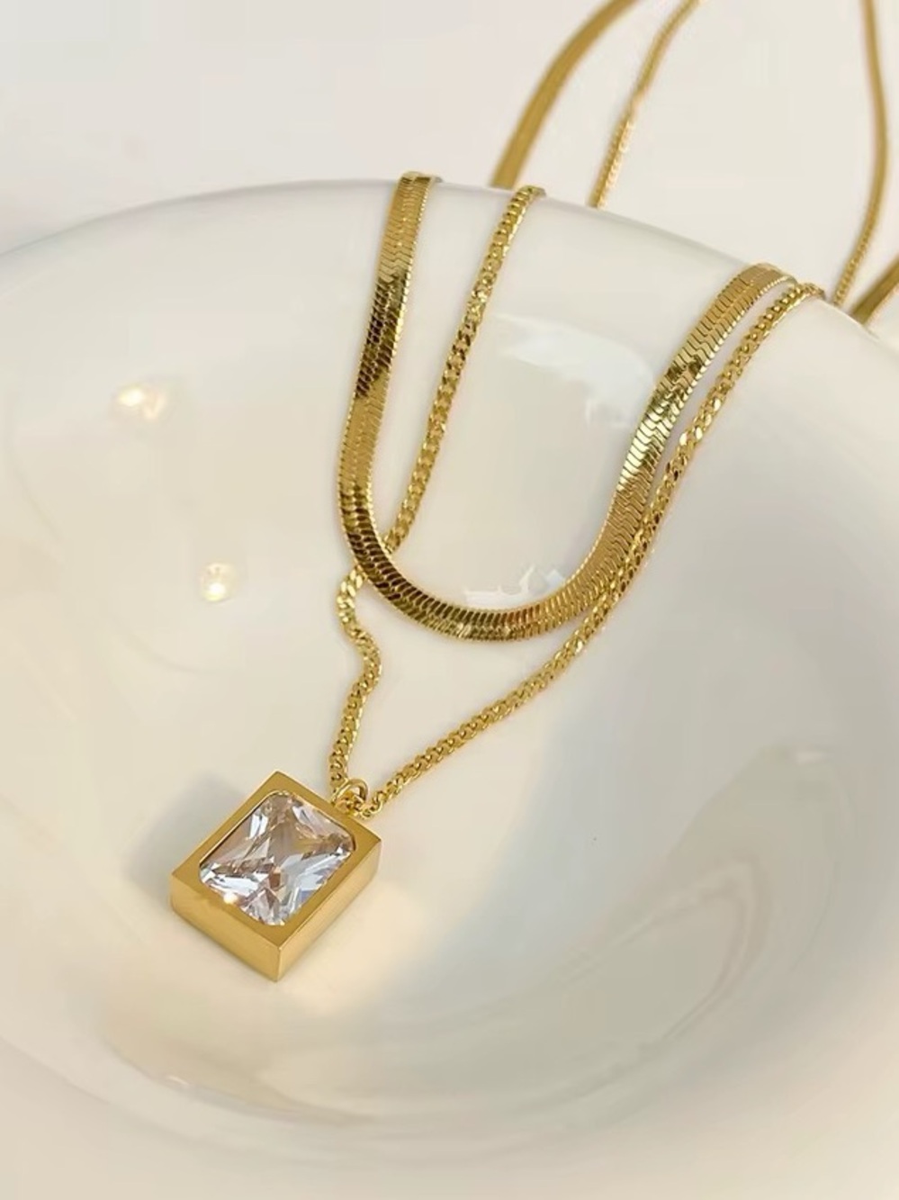Gold Layered Necklace with Rectangular Crystal Pendant - Women Jewelry